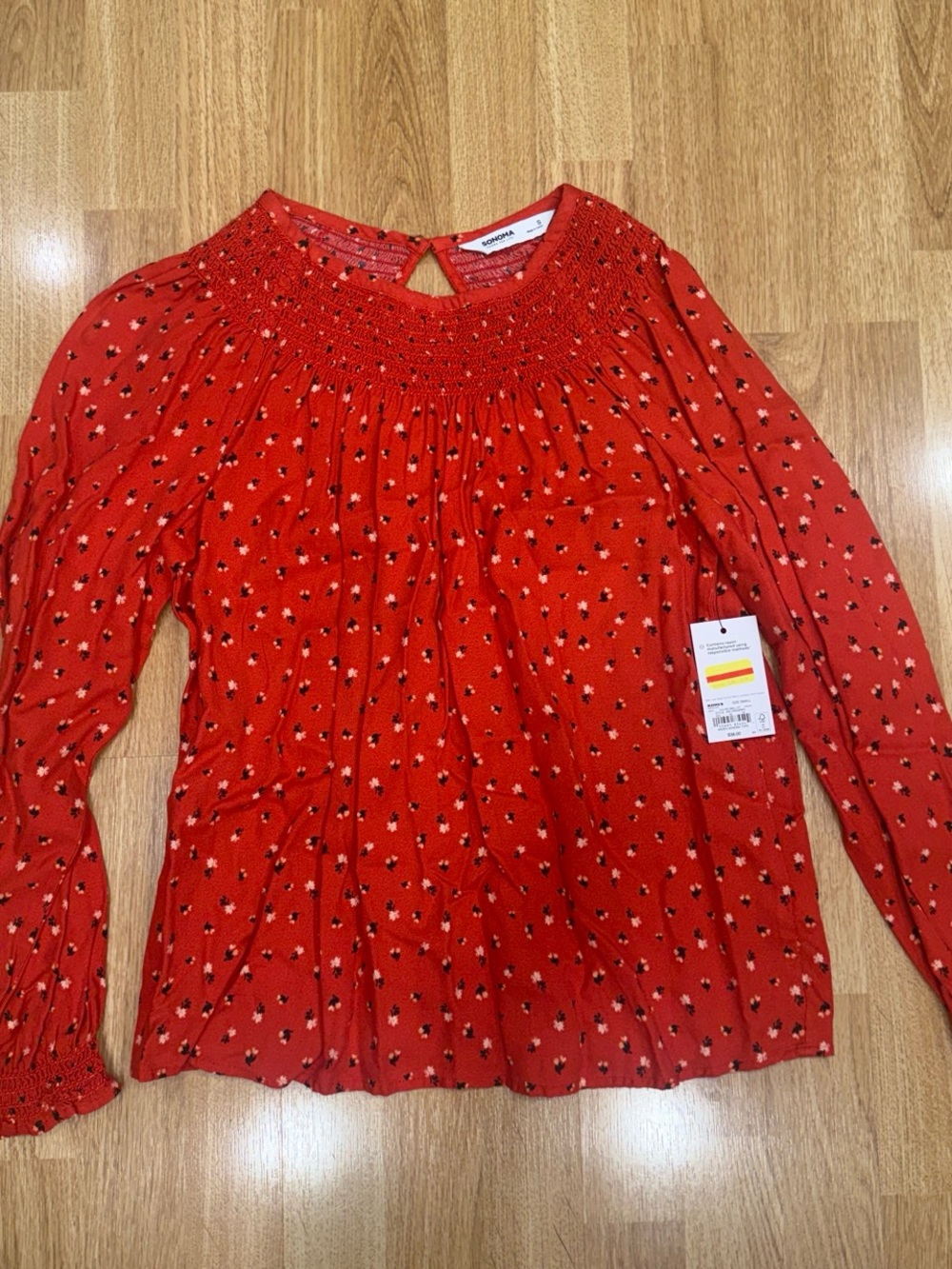 Sonoma Red Floral Smocked Neck Long-Sleeve Blouse